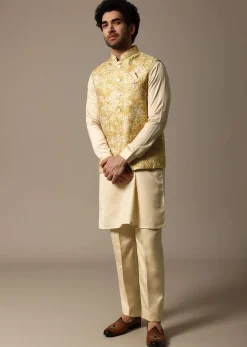 Yellow Resham Work Kurta Jacket Set For Men