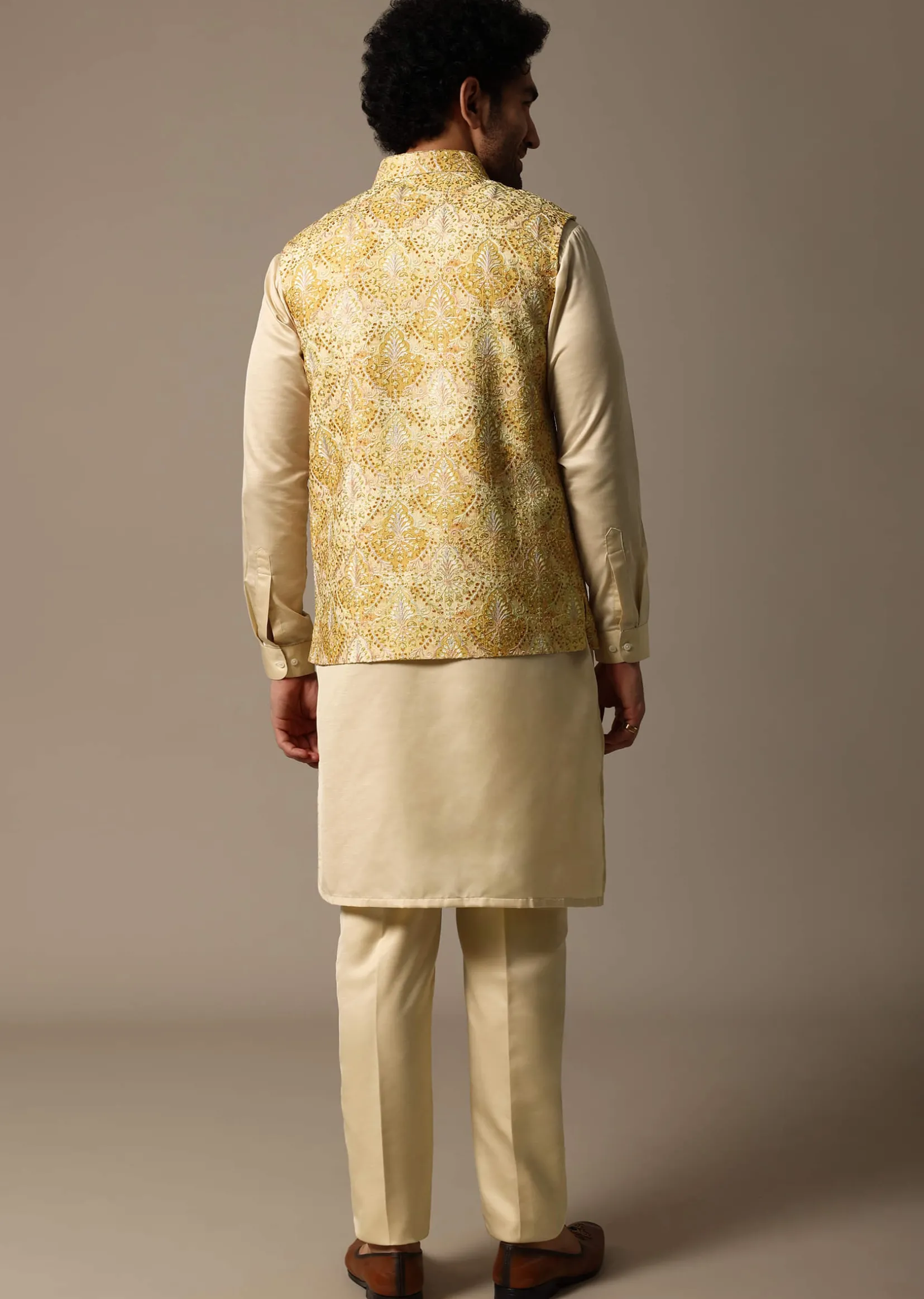 Yellow Resham Work Kurta Jacket Set For Men