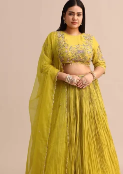 Yellow Ruched Lehenga With Embroidered Blouse And Dupatta