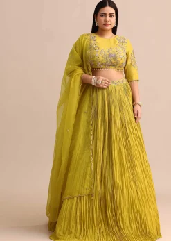 Yellow Ruched Lehenga With Embroidered Blouse And Dupatta