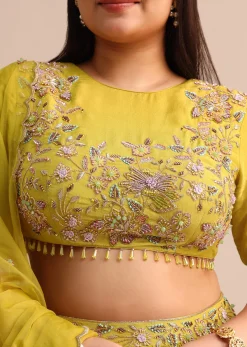 Yellow Ruched Lehenga With Embroidered Blouse And Dupatta