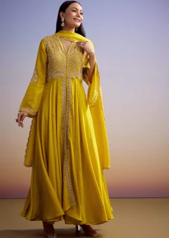 Yellow Russian Silk Palazzo Suit With Cut Dana And Sequins Work
