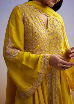Yellow Russian Silk Palazzo Suit With Cut Dana And Sequins Work