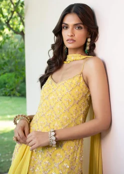 Yellow Sequin Hand Work Sharara Suit With Embroidered Choker Dupatta
