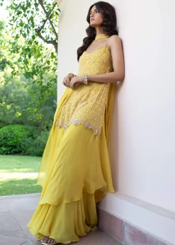 Yellow Sequin Hand Work Sharara Suit With Embroidered Choker Dupatta
