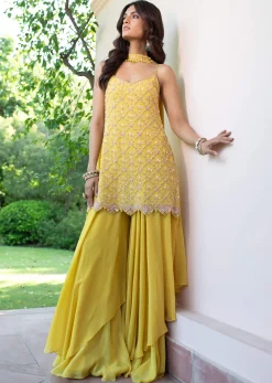 Yellow Sequin Hand Work Sharara Suit With Embroidered Choker Dupatta