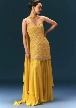 Yellow Sequin Hand Work Sharara Suit With Embroidered Choker Dupatta