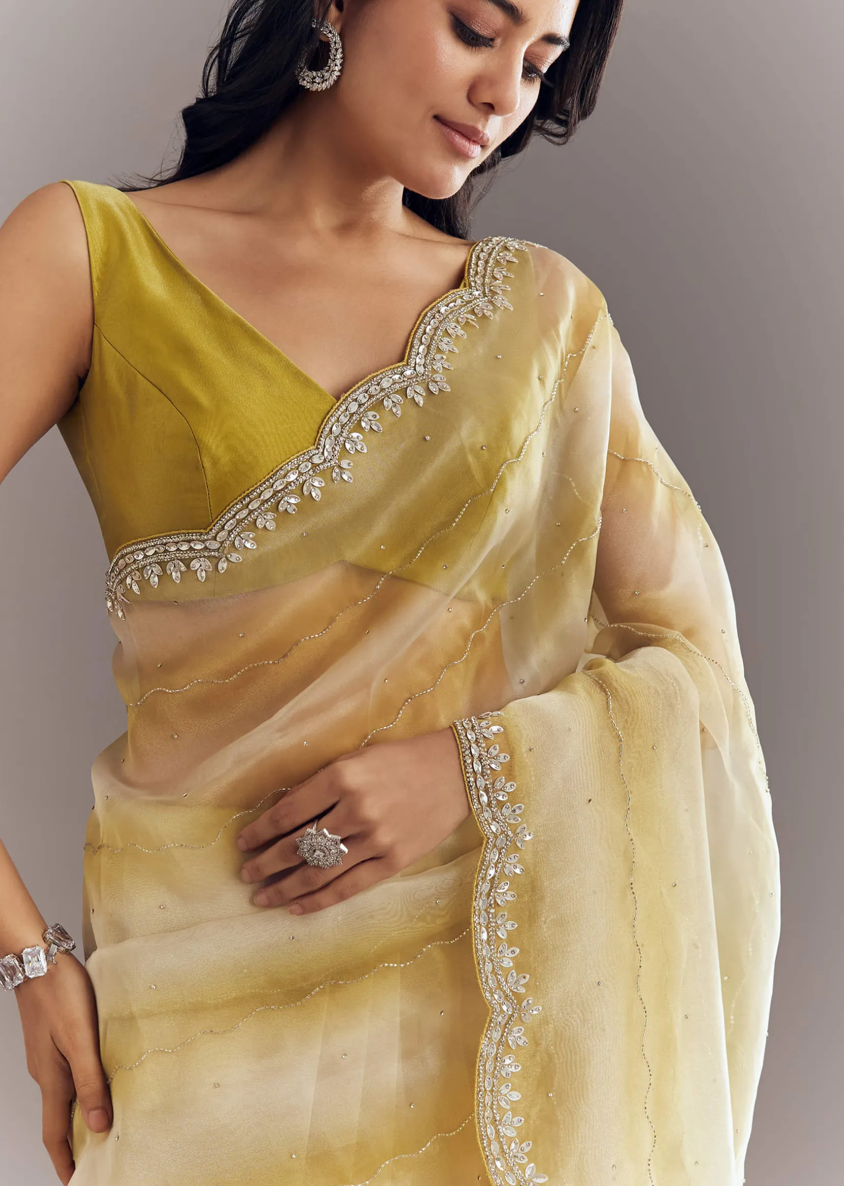 Yellow Shaded Glass Tissue Saree With Cutdana Embroidery And Scallop Border