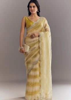 Yellow Shaded Glass Tissue Saree With Cutdana Embroidery And Scallop Border