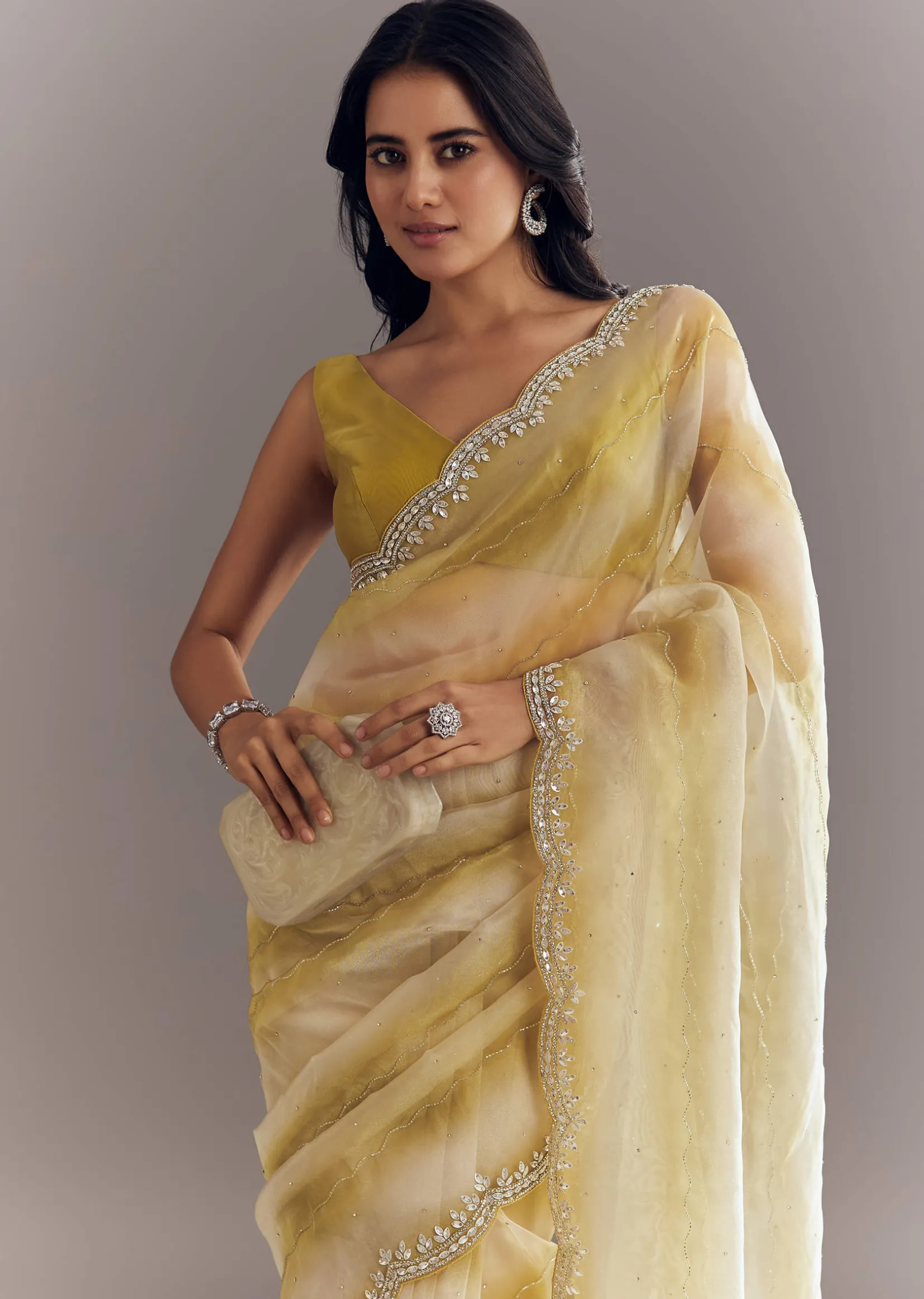 Yellow Shaded Glass Tissue Saree With Cutdana Embroidery And Scallop Border