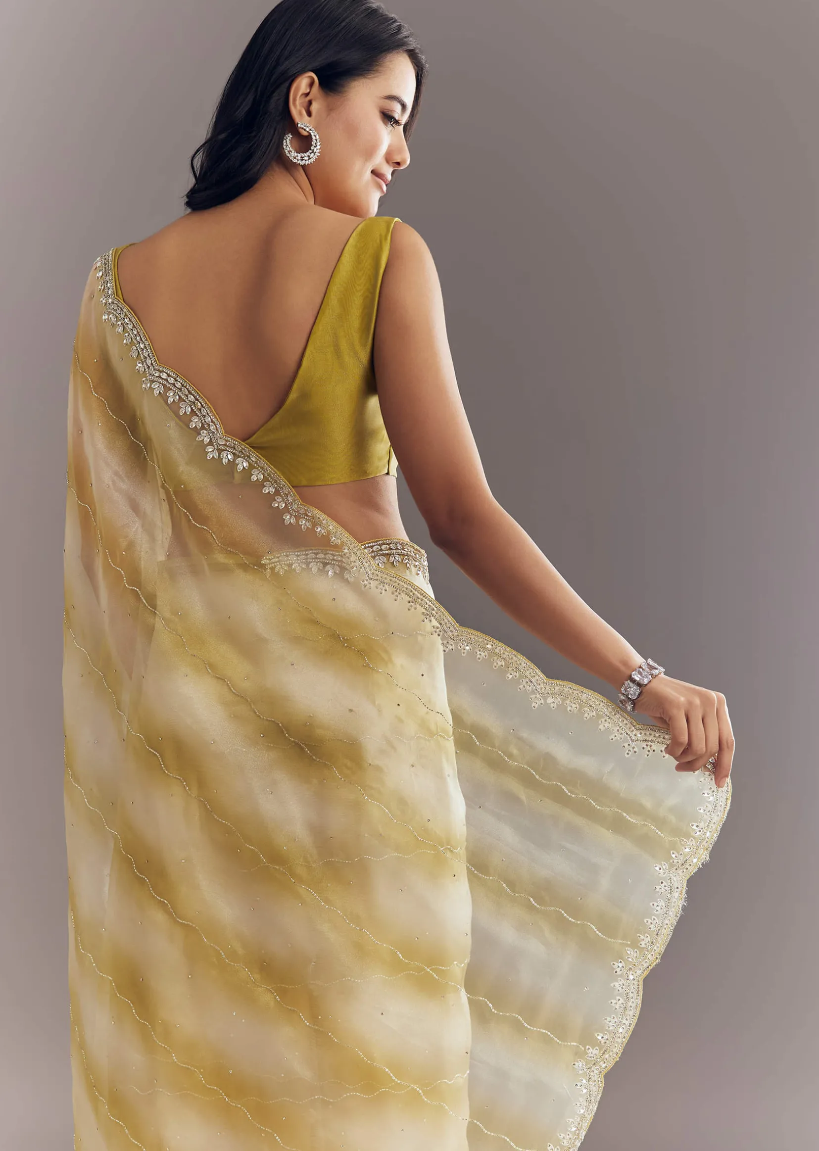 Yellow Shaded Glass Tissue Saree With Cutdana Embroidery And Scallop Border