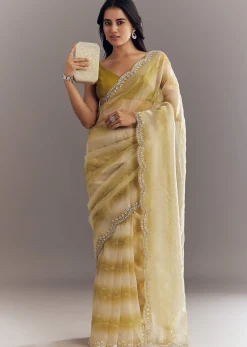 Yellow Shaded Glass Tissue Saree With Cutdana Embroidery And Scallop Border