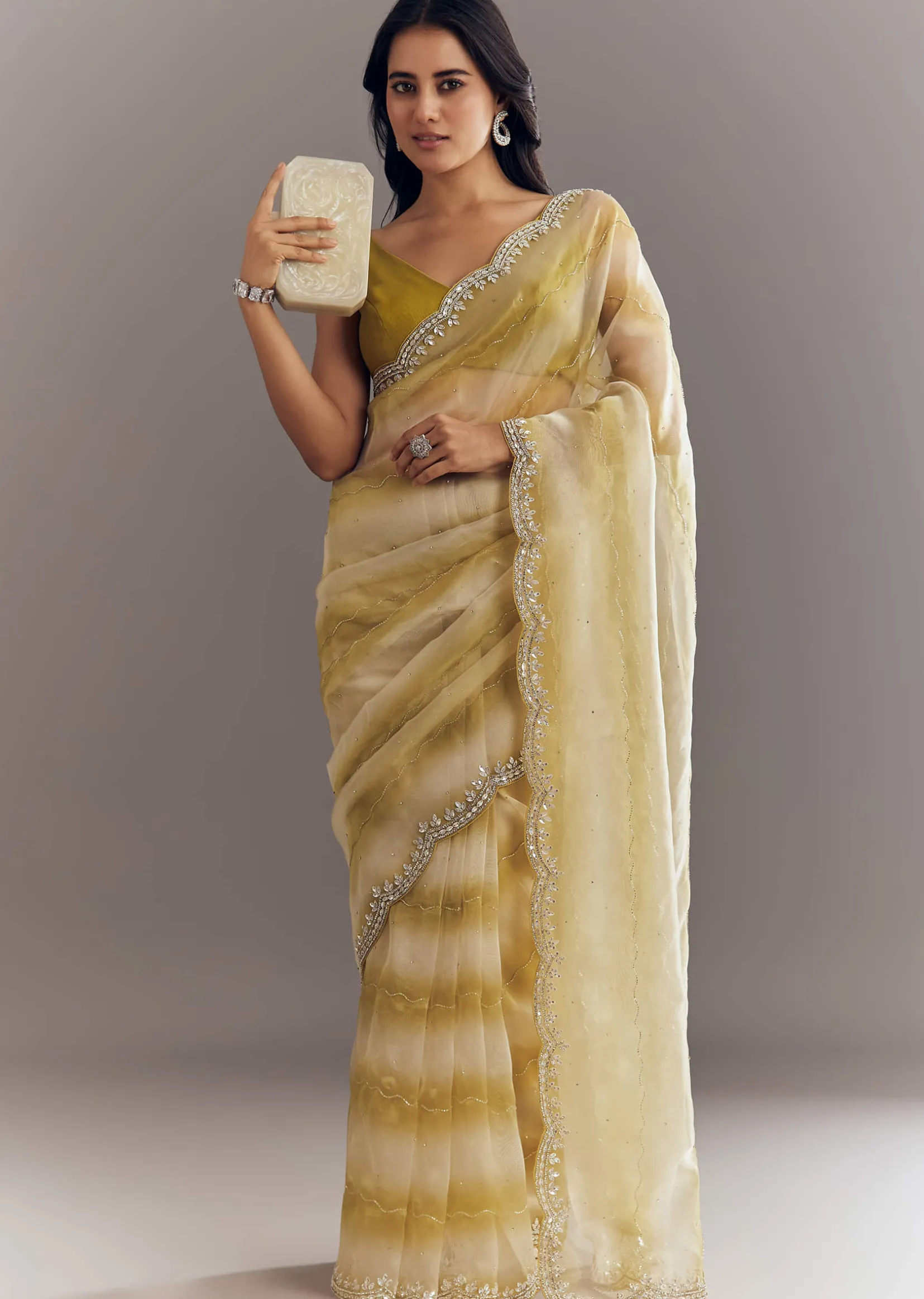 Yellow Shaded Glass Tissue Saree With Cutdana Embroidery And Scallop Border