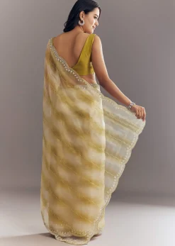 Yellow Shaded Glass Tissue Saree With Cutdana Embroidery And Scallop Border