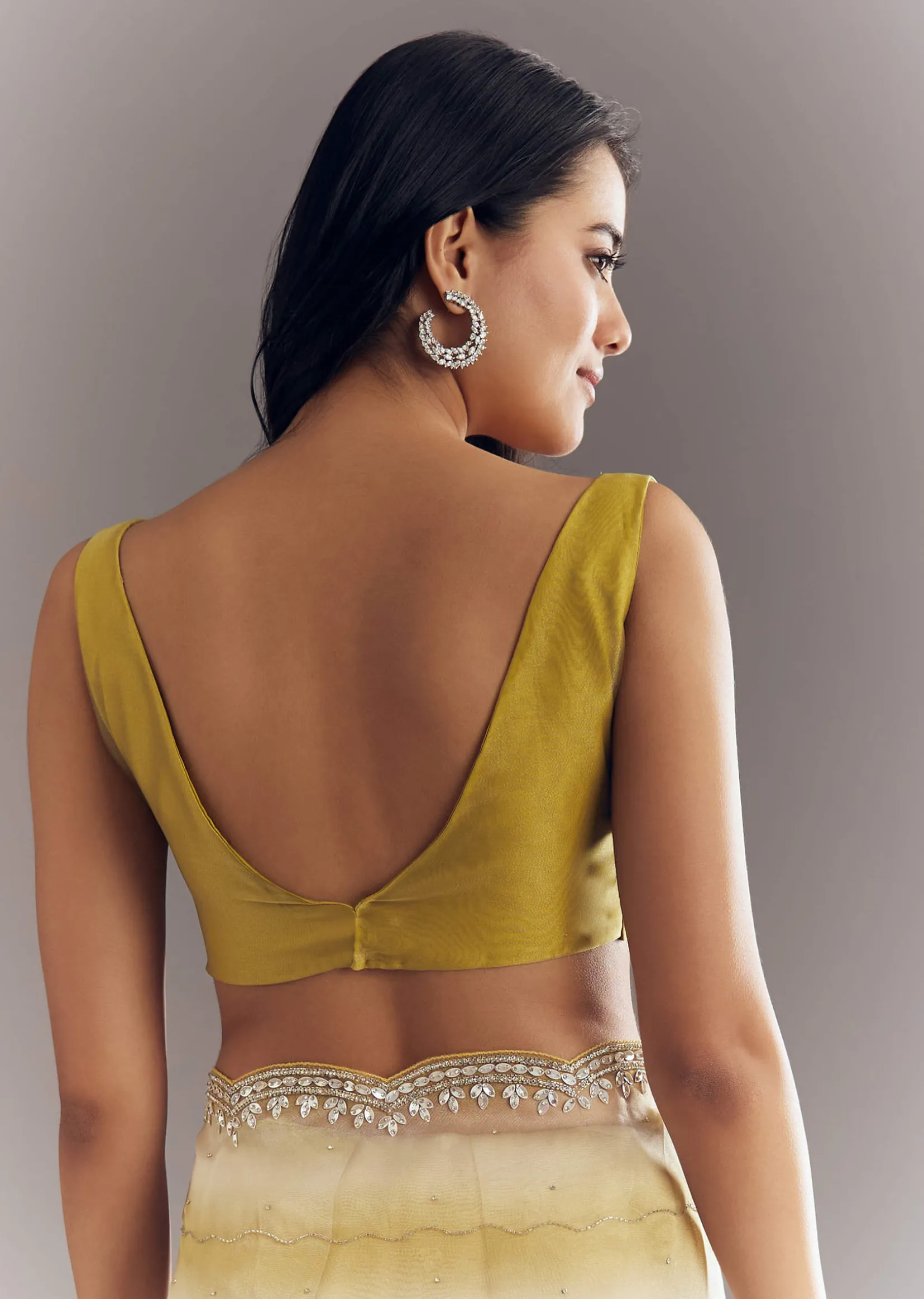 Yellow Shaded Glass Tissue Saree With Cutdana Embroidery And Scallop Border