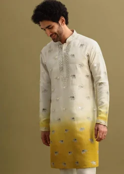 Yellow Shaded Gold Foil Applique Motifs Work Kurta