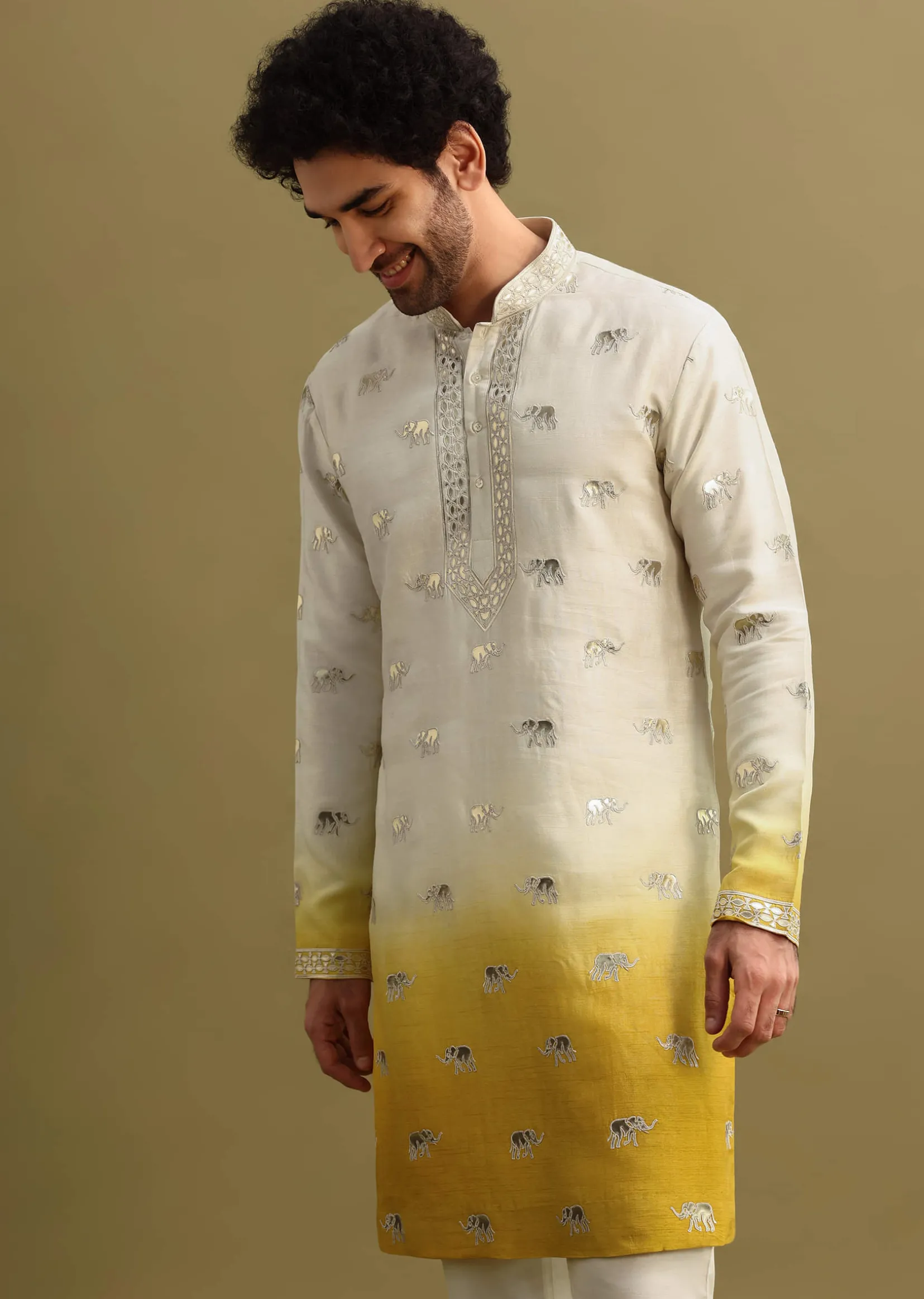 Yellow Shaded Gold Foil Applique Motifs Work Kurta