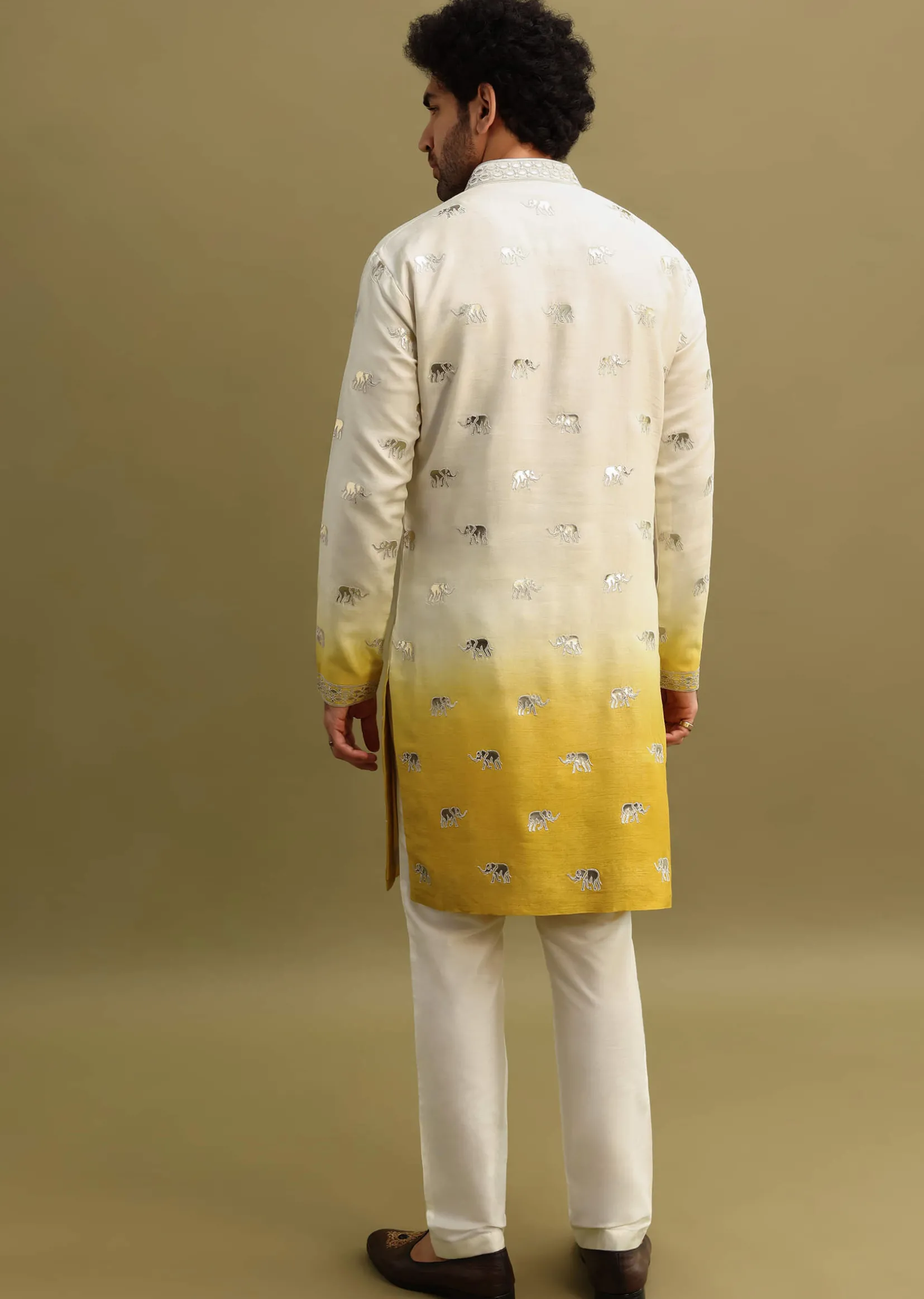 Yellow Shaded Gold Foil Applique Motifs Work Kurta