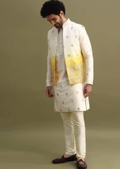 Yellow Shaded Gold Foil Apllique Work On Kurta Jacket Set