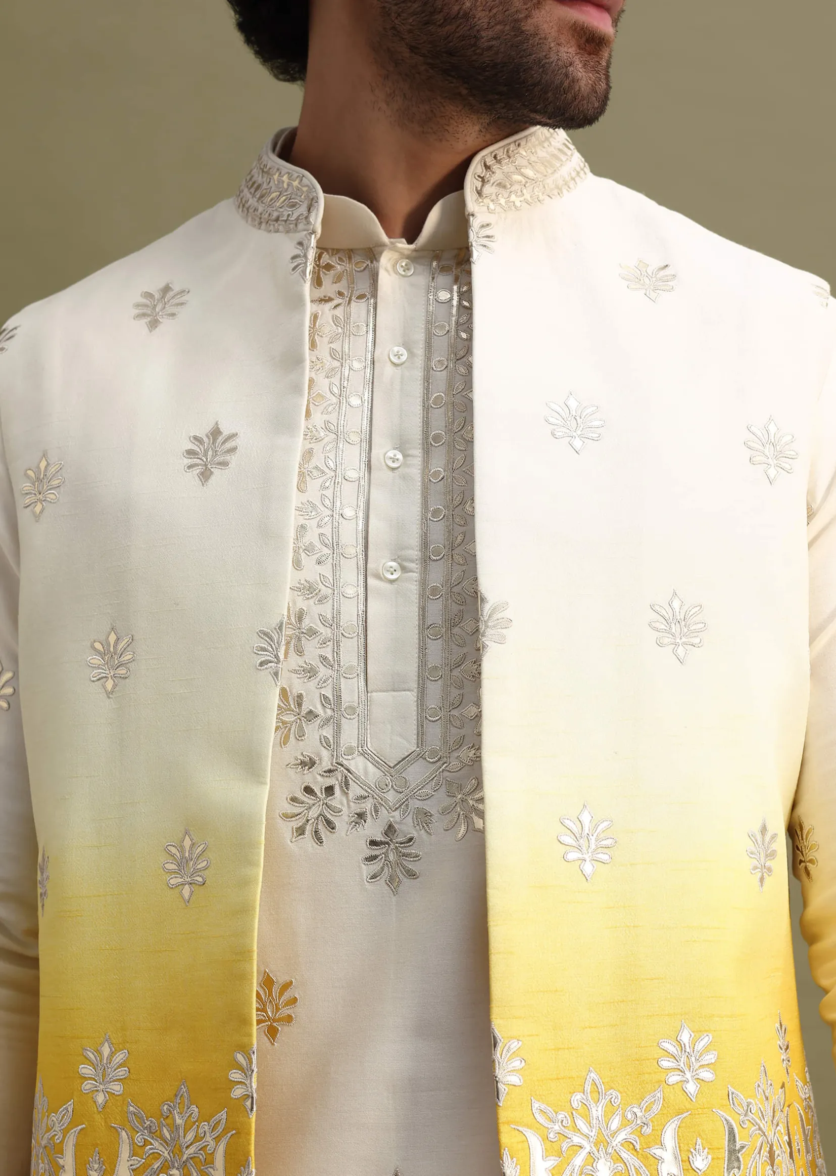 Yellow Shaded Gold Foil Apllique Work On Kurta Jacket Set