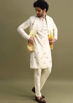 Yellow Shaded Gold Foil Apllique Work On Kurta Jacket Set