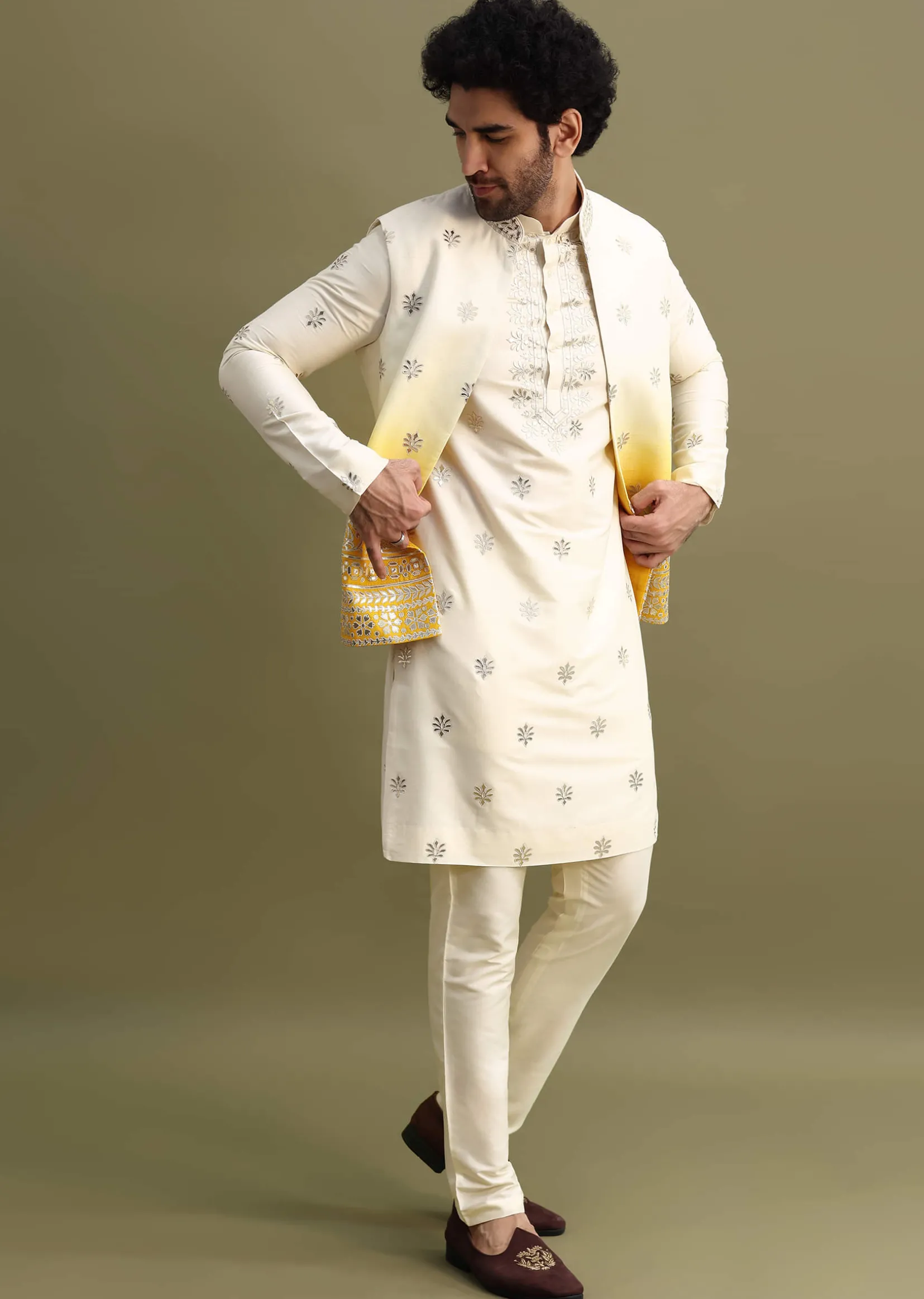 Yellow Shaded Gold Foil Apllique Work On Kurta Jacket Set