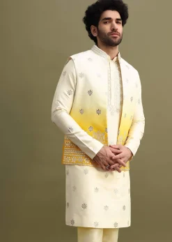 Yellow Shaded Gold Foil Apllique Work On Kurta Jacket Set