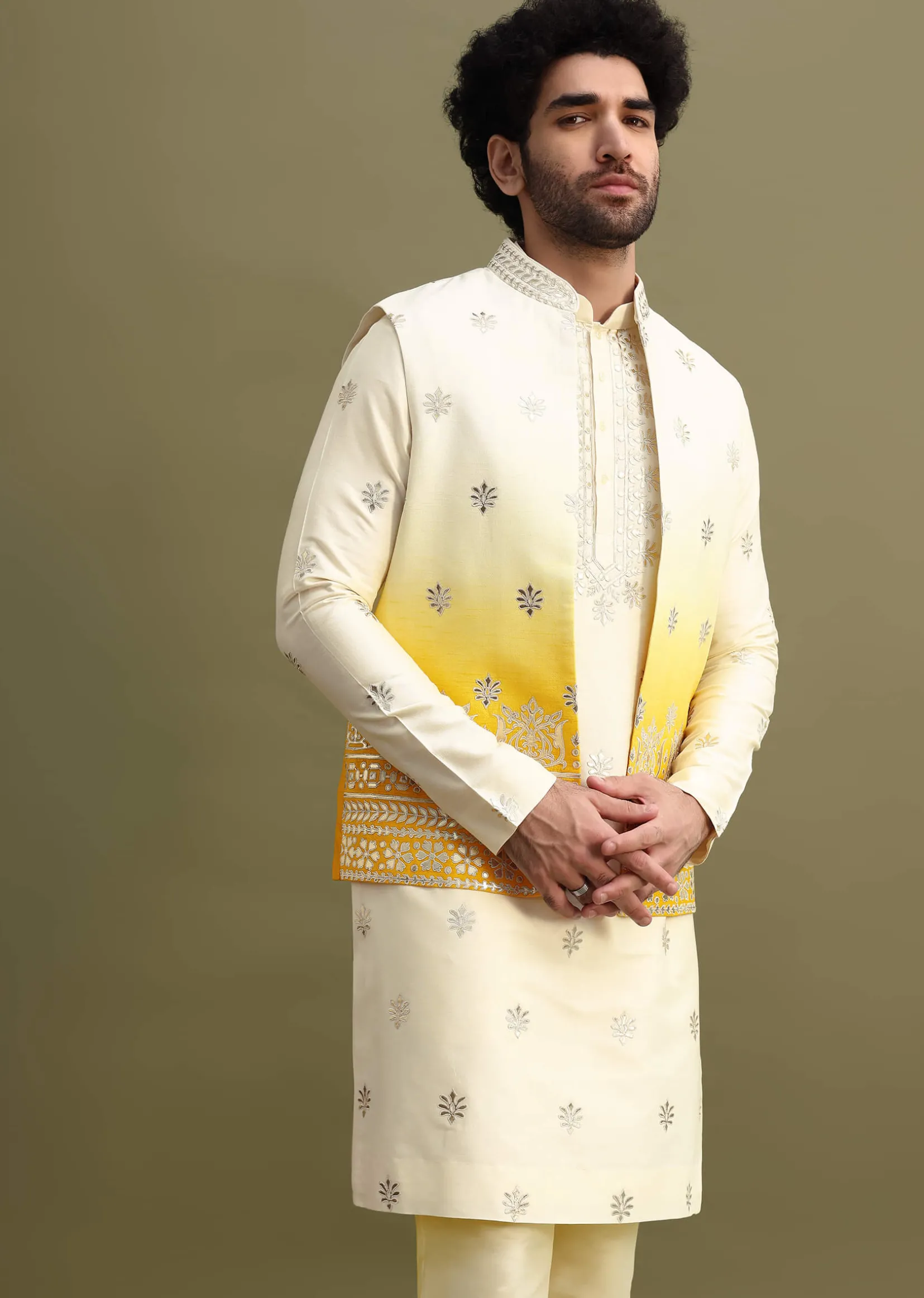 Yellow Shaded Gold Foil Apllique Work On Kurta Jacket Set