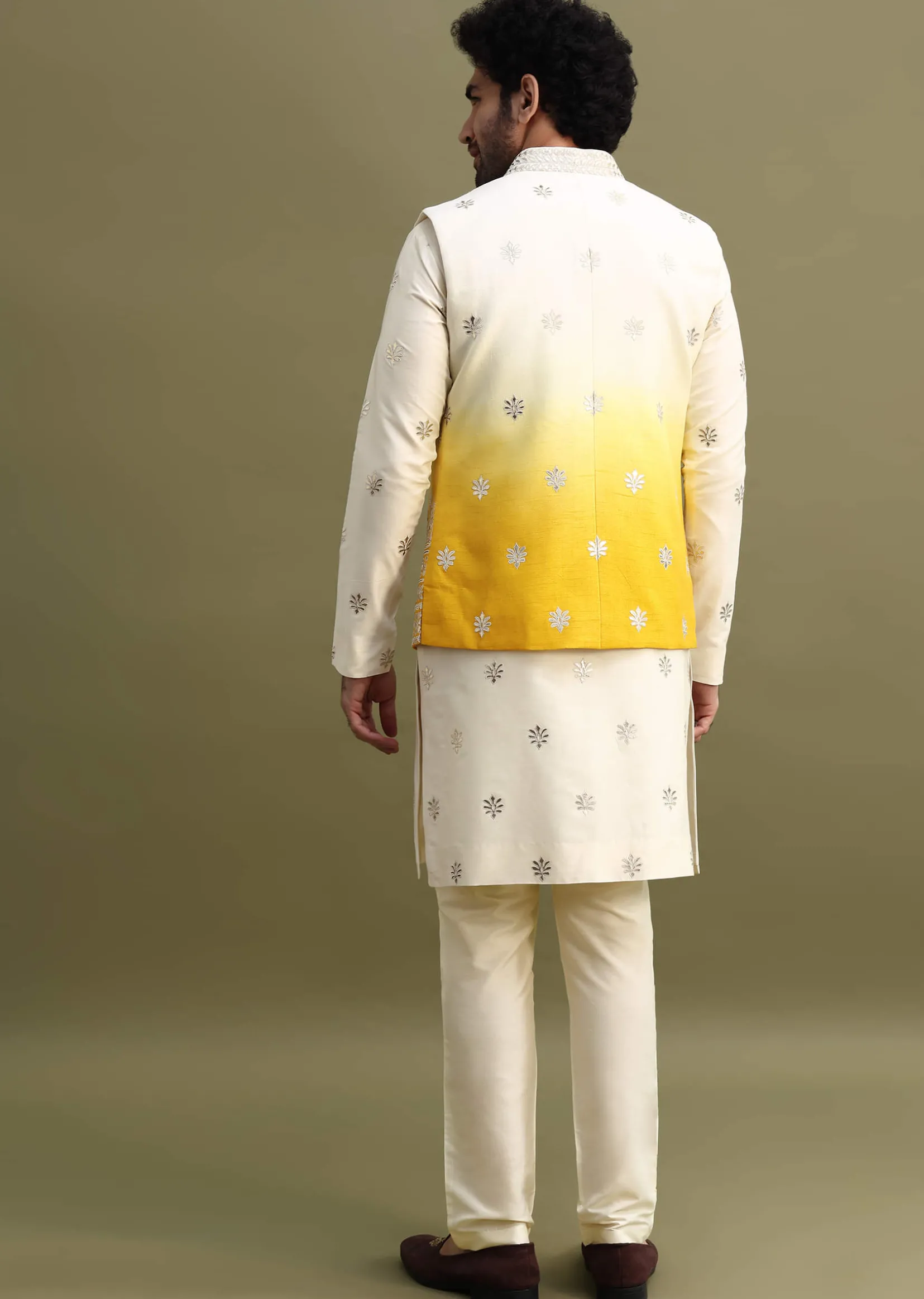 Yellow Shaded Gold Foil Apllique Work On Kurta Jacket Set