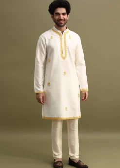 Yellow Shaded Kurta Set With Floral Motif Jacket