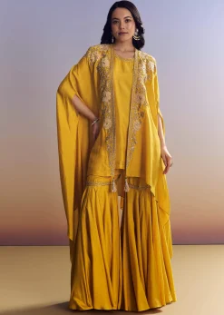 Yellow Sharara Set With Zari Cape