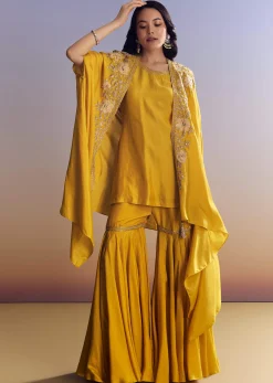 Yellow Sharara Set With Zari Cape