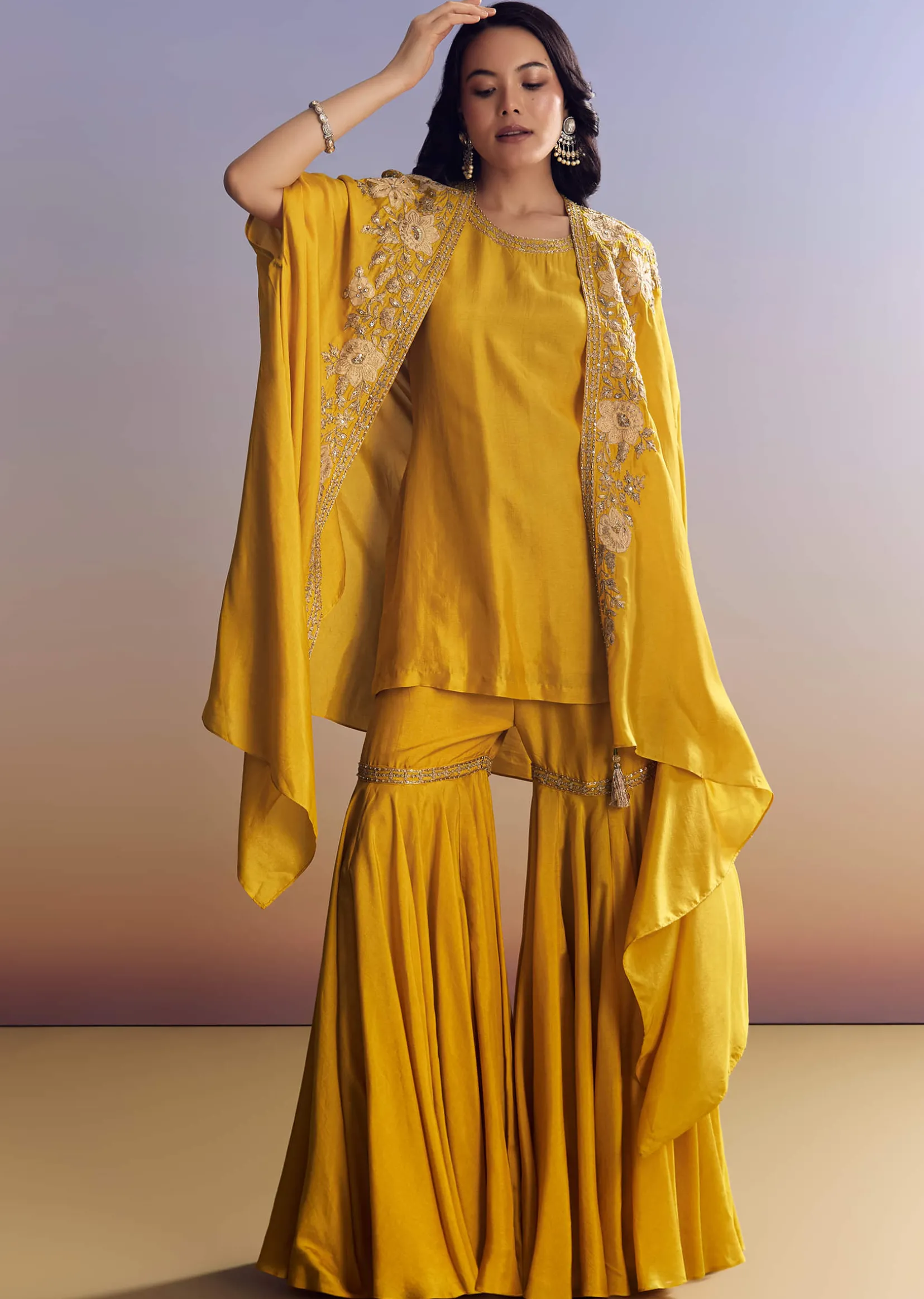 Yellow Sharara Set With Zari Cape