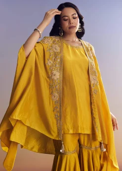 Yellow Sharara Set With Zari Cape