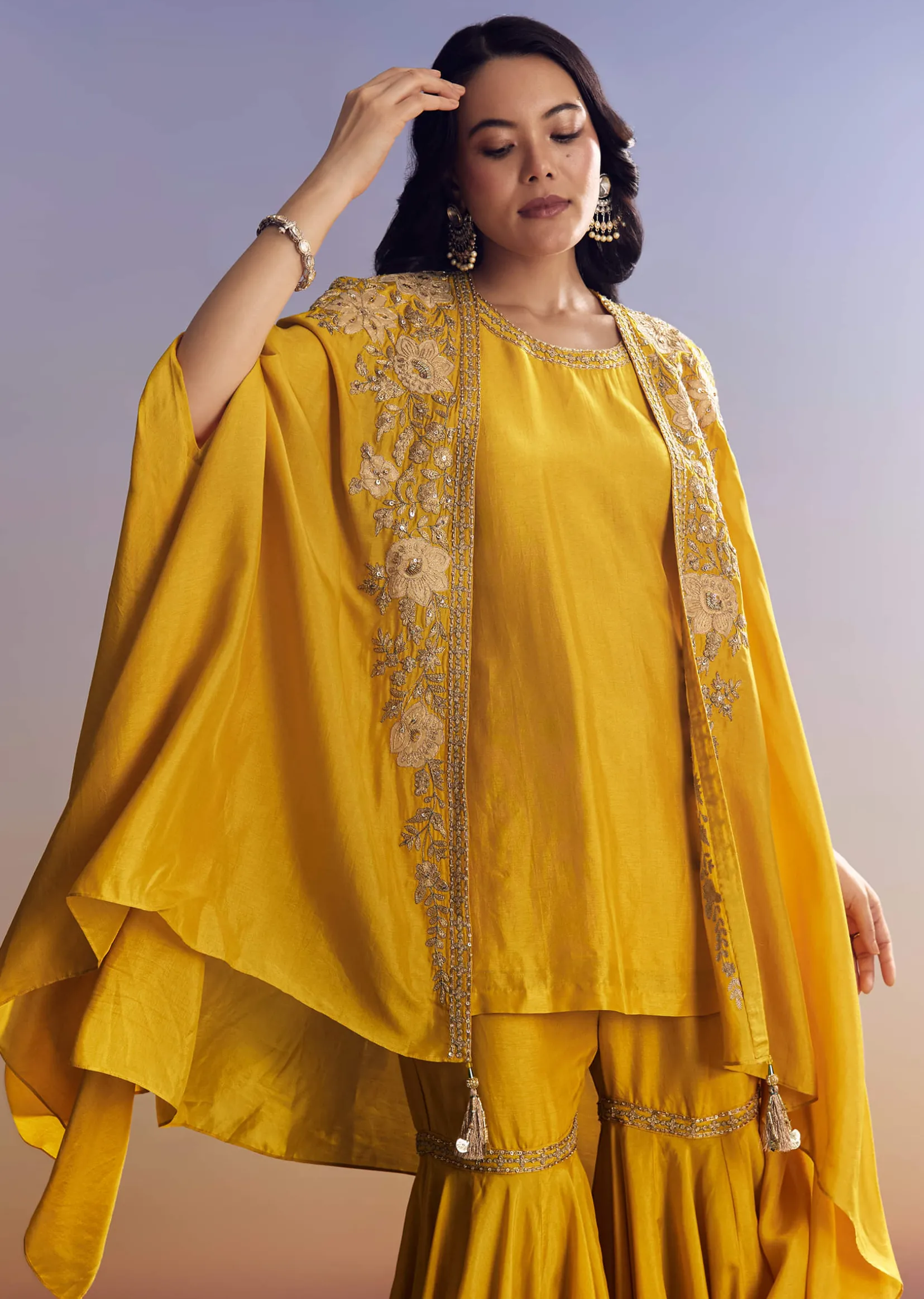 Yellow Sharara Set With Zari Cape