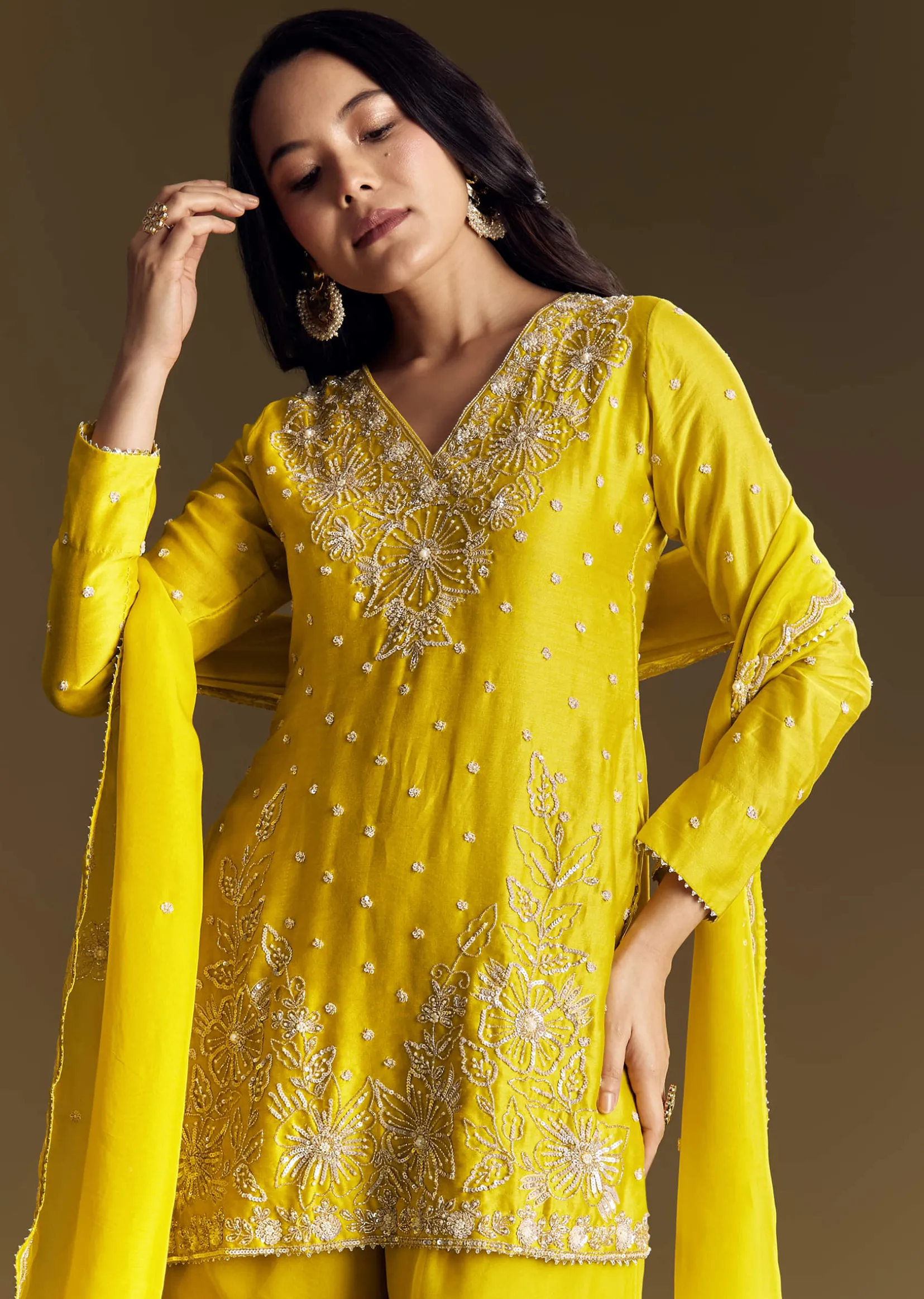 Yellow Sharara Suit With Cut Dana Sequins