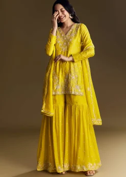 Yellow Sharara Suit With Cut Dana Sequins