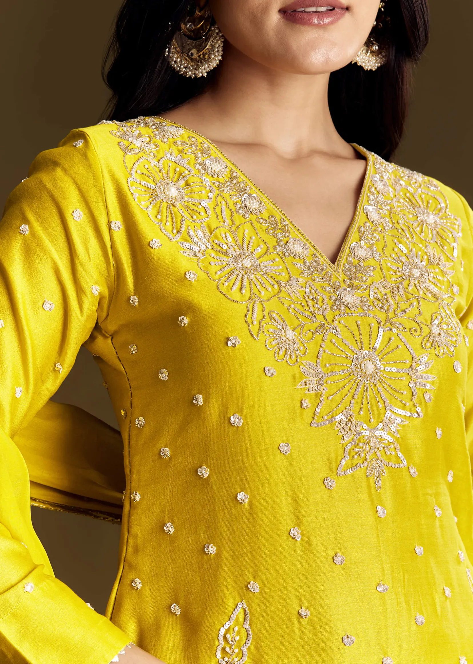 Yellow Sharara Suit With Cut Dana Sequins