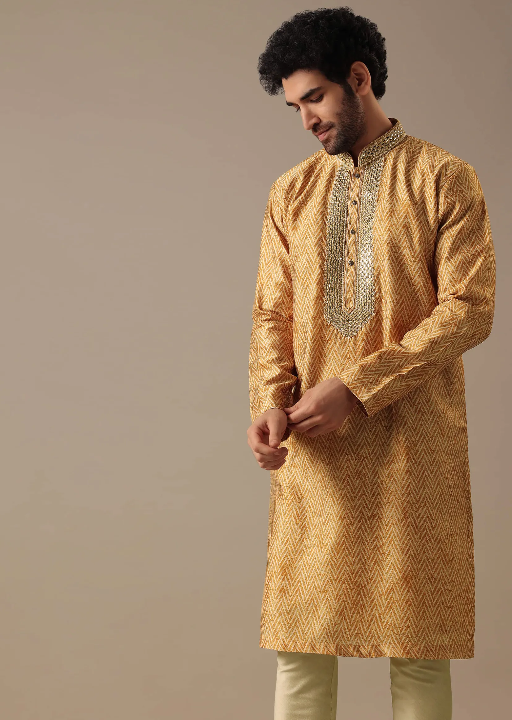 Yellow Silk Chevron Kurta Set with Mirror Work