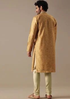 Yellow Silk Chevron Kurta Set with Mirror Work
