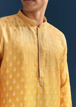 Yellow Silk Foil Kurta Set For Men With Sequins Embroidery