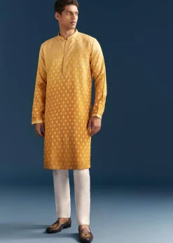 Yellow Silk Foil Kurta Set For Men With Sequins Embroidery