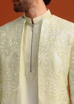 Yellow Silk Indo Western And Kurta Set With French Knots