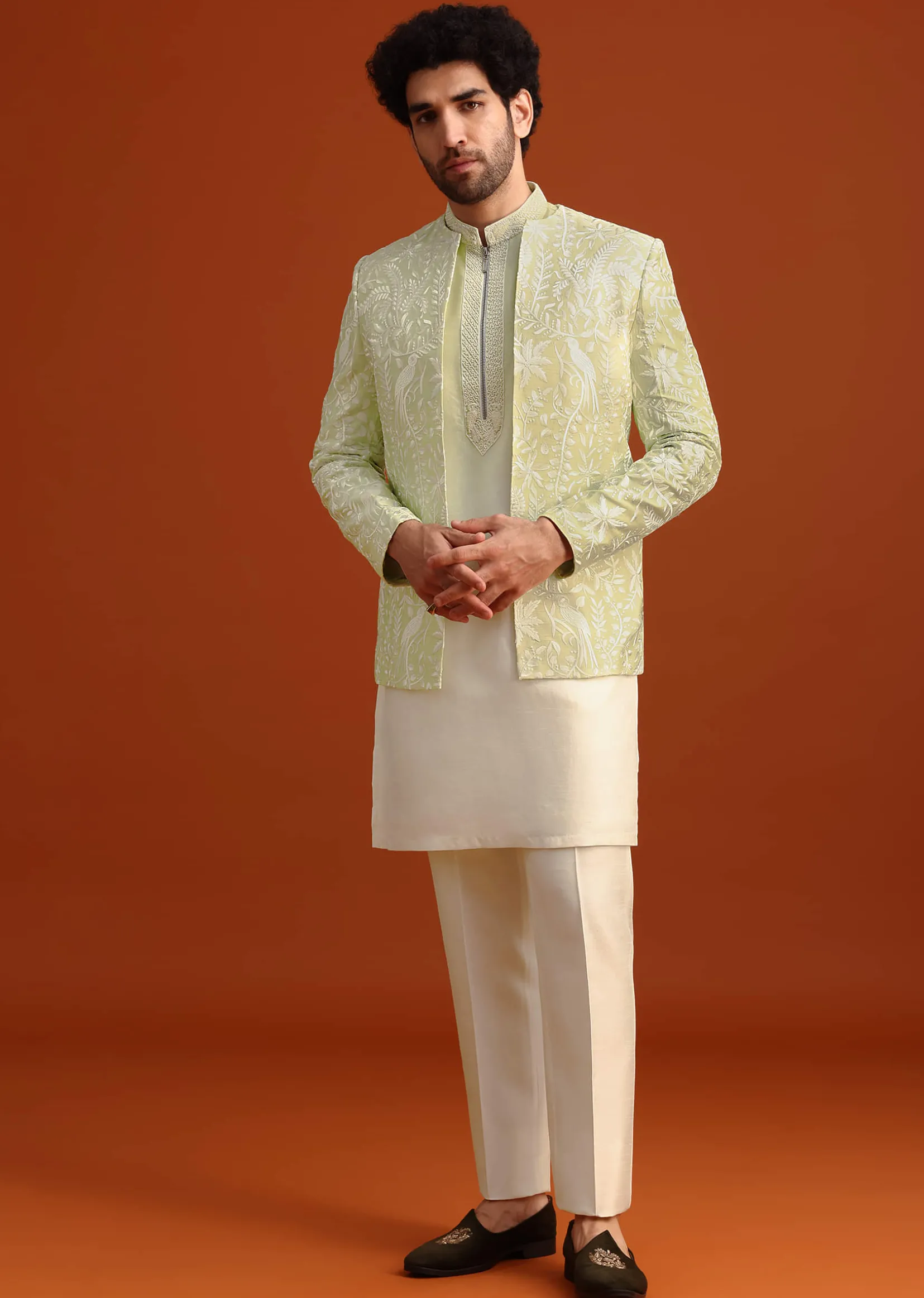 Yellow Silk Indo Western And Kurta Set With French Knots
