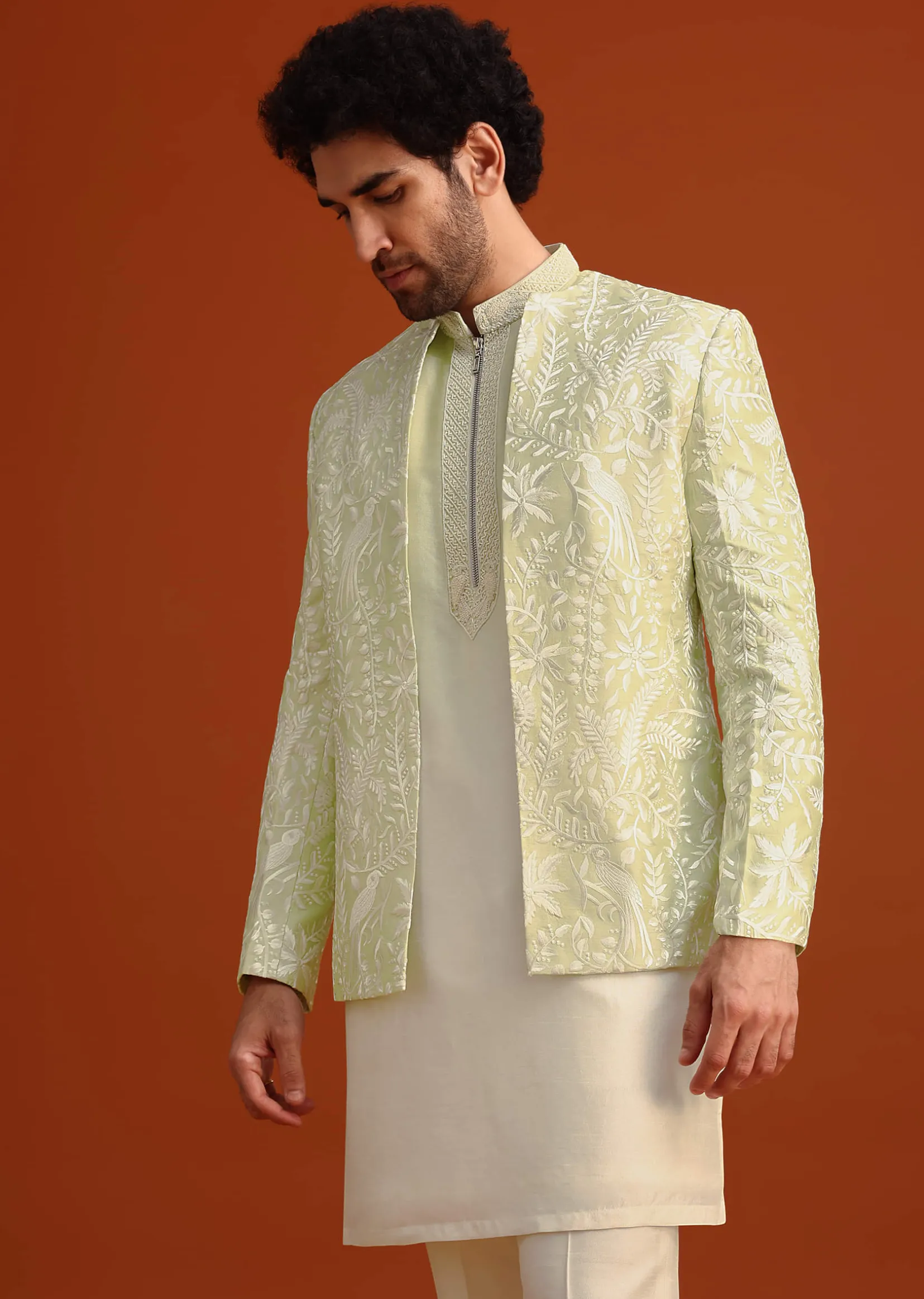 Yellow Silk Indo Western And Kurta Set With French Knots
