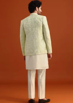 Yellow Silk Indo Western And Kurta Set With French Knots
