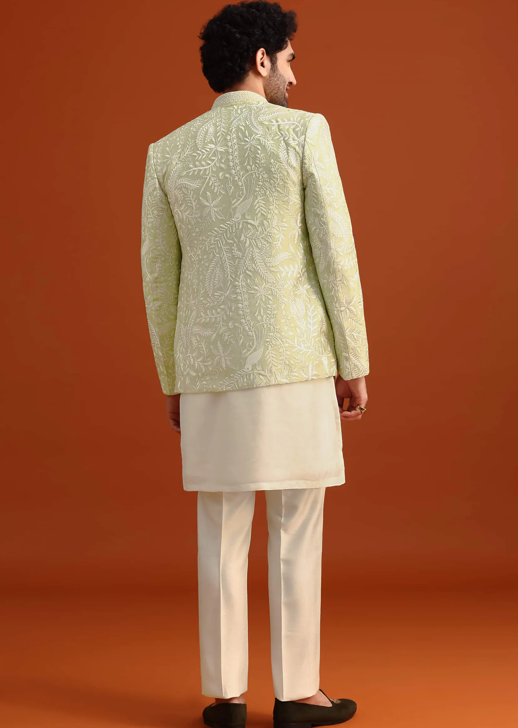 Yellow Silk Indo Western And Kurta Set With French Knots