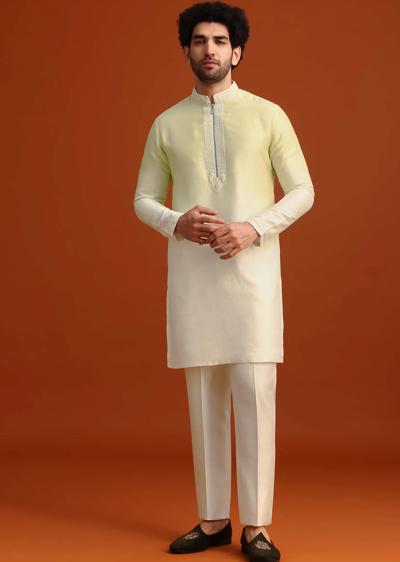Yellow Silk Indo Western And Kurta Set With French Knots