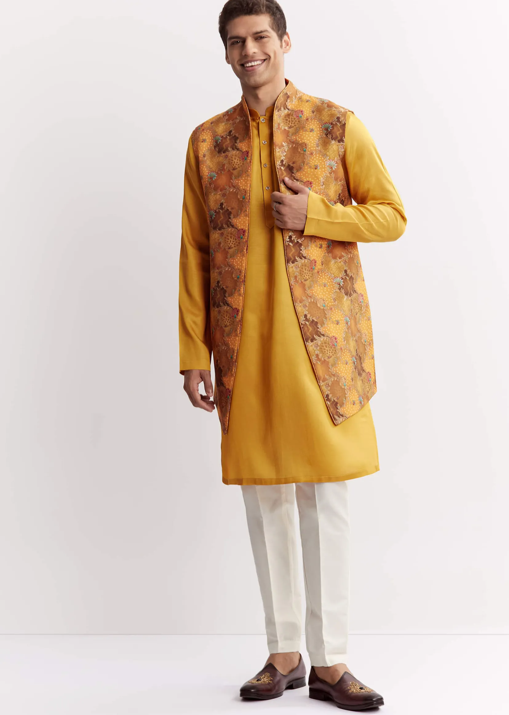 Yellow Silk Jacket Kurta Set With Floral Printed Motifs