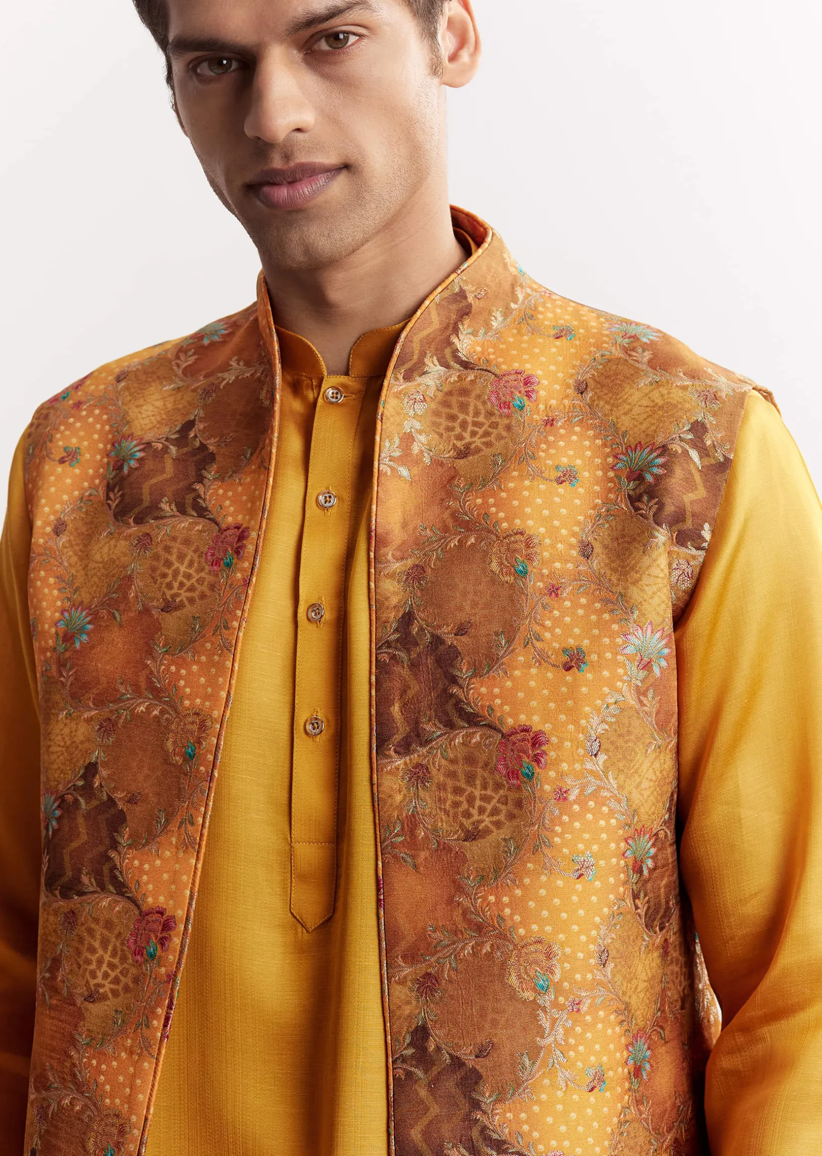 Yellow Silk Jacket Kurta Set With Floral Printed Motifs
